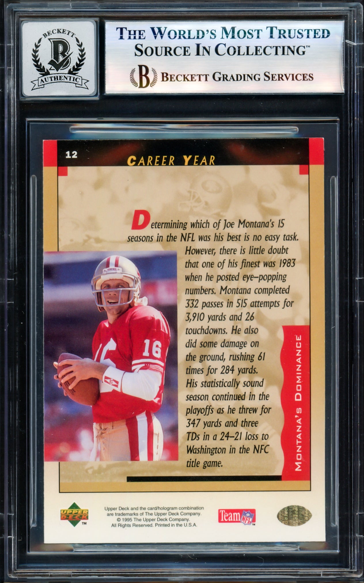 Joe Montana Autographed 1995 Upper Deck Card #12 San Francisco 49ers Auto Grade Gem Mint 10 Beckett BAS #17604153