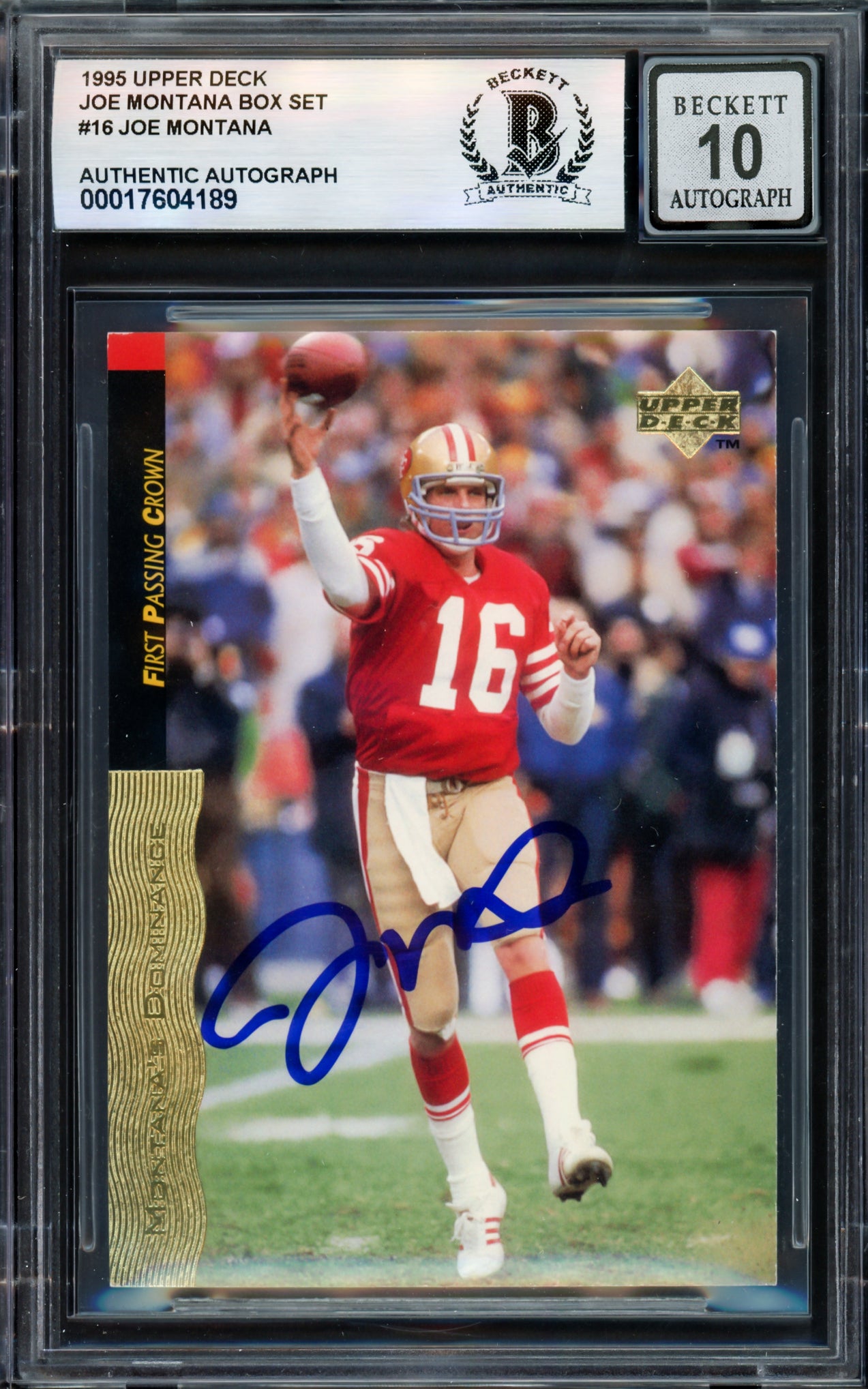 Joe Montana Autographed 1995 Upper Deck Card #16 San Francisco 49ers Auto Grade Gem Mint 10 Beckett BAS #17604189