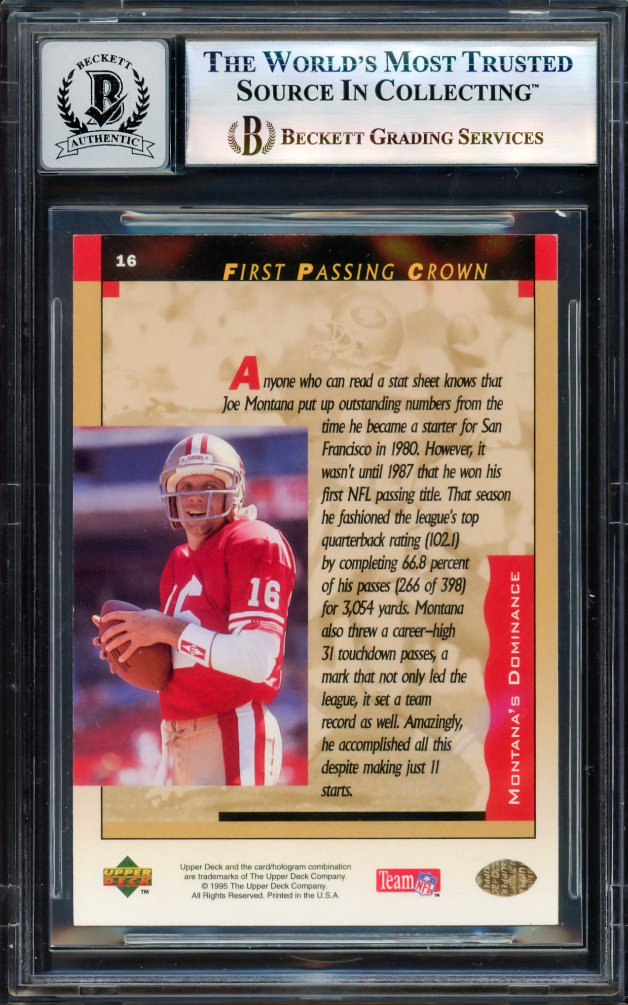 Joe Montana Autographed 1995 Upper Deck Card #16 San Francisco 49ers Auto Grade Gem Mint 10 Beckett BAS #17604189