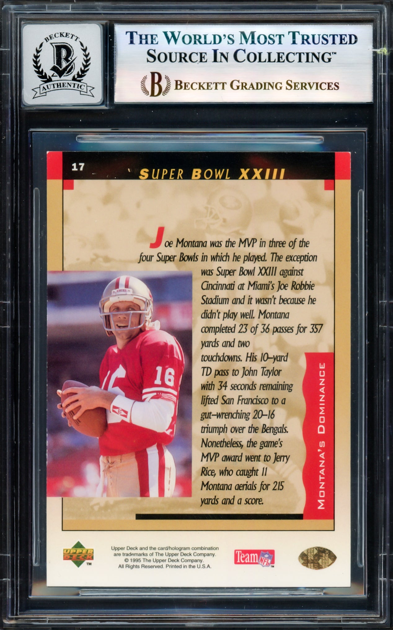 Joe Montana Autographed 1995 Upper Deck Card #17 San Francisco 49ers Auto Grade Gem Mint 10 Beckett BAS #17604197