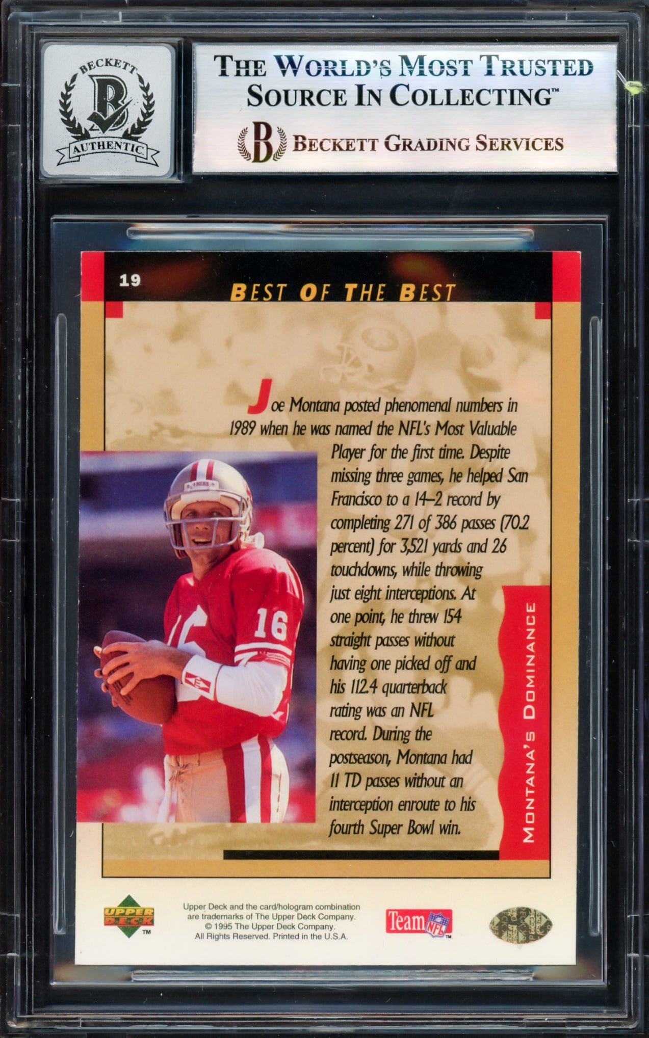 Joe Montana Autographed 1995 Upper Deck Card #19 San Francisco 49ers Auto Grade Gem Mint 10 Beckett BAS #17604202