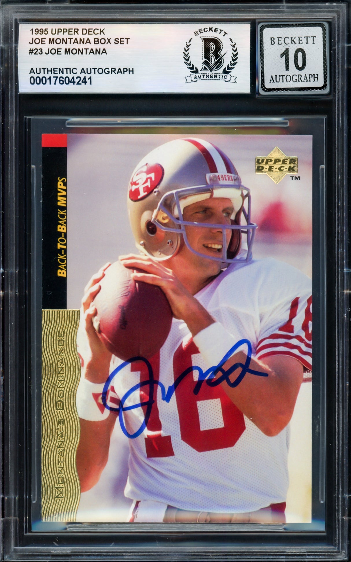 Joe Montana Autographed 1995 Upper Deck Card #23 San Francisco 49ers Auto Grade Gem Mint 10 Beckett BAS #17604241