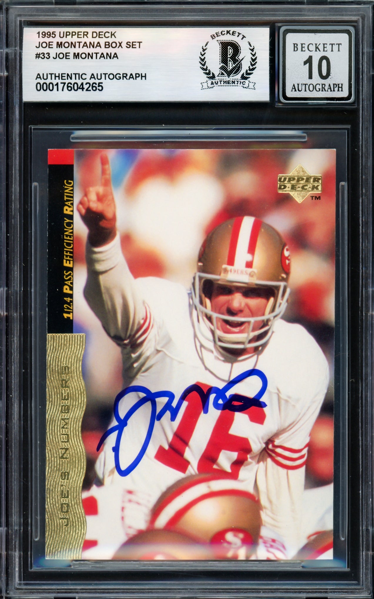 Joe Montana Autographed 1995 Upper Deck Card #33 San Francisco 49ers Auto Grade Gem Mint 10 Beckett BAS #17604265