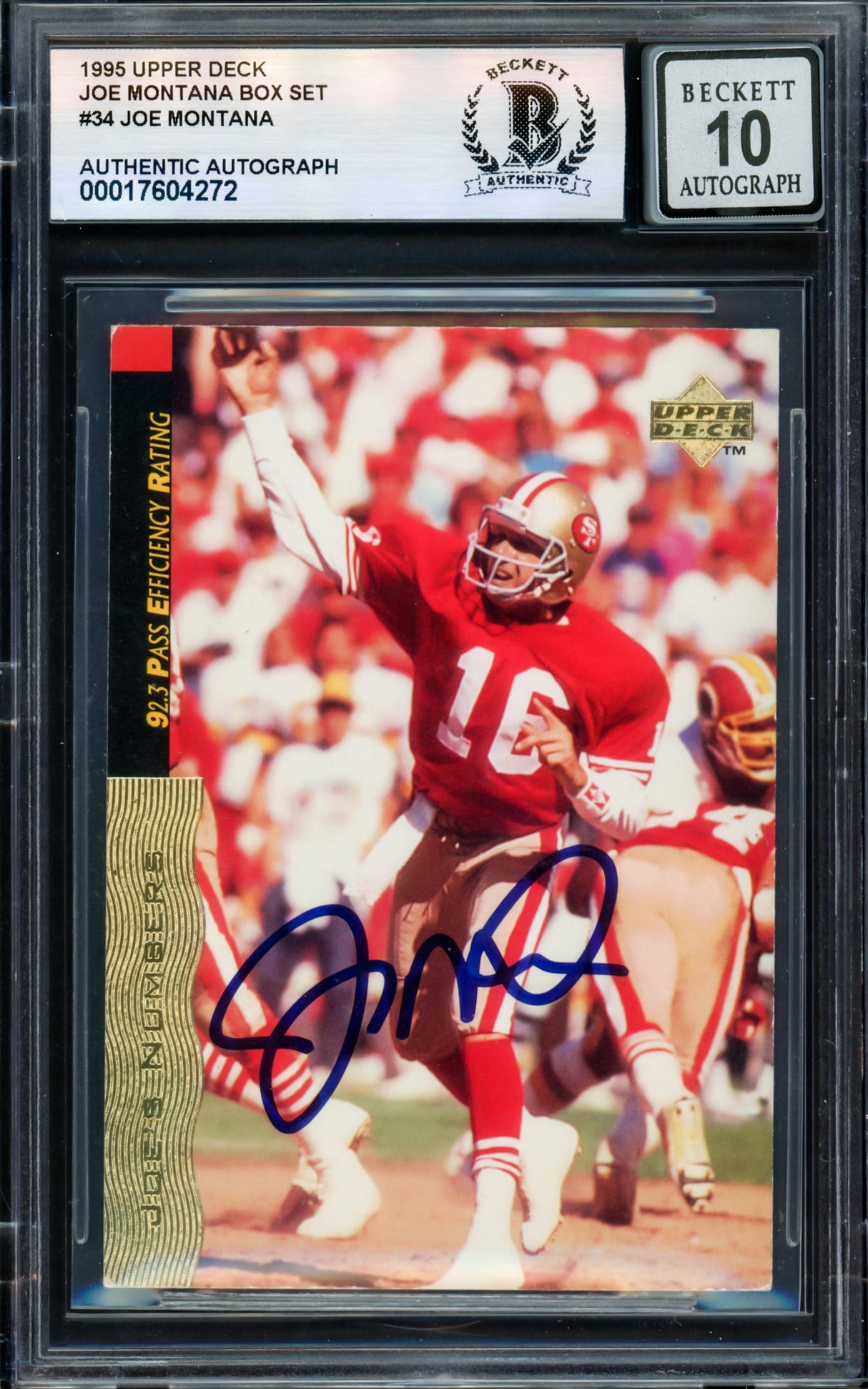 Joe Montana Autographed 1995 Upper Deck Card #34 San Francisco 49ers Auto Grade Gem Mint 10 Beckett BAS #17604272