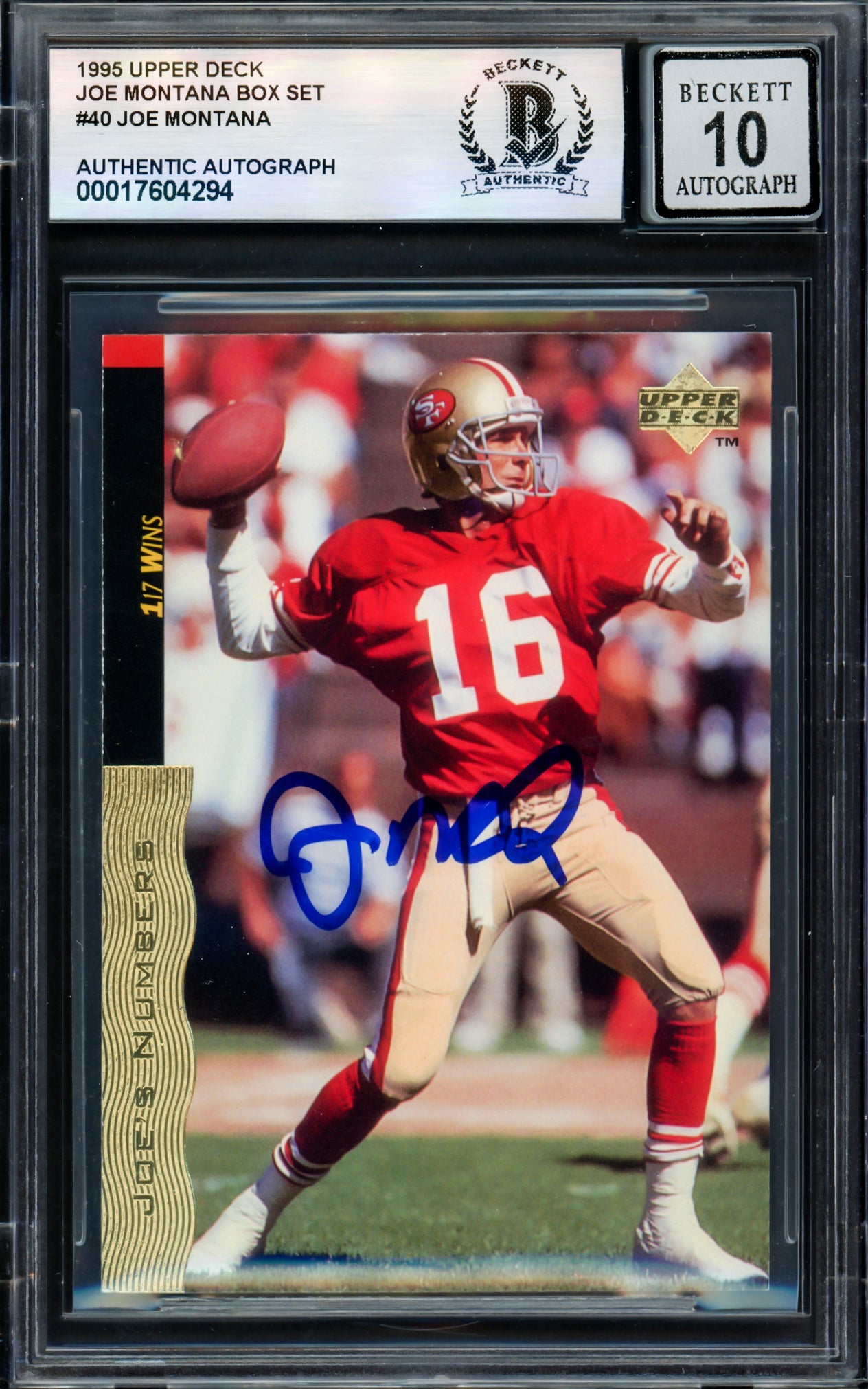 Joe Montana Autographed 1995 Upper Deck Card #40 San Francisco 49ers Auto Grade Gem Mint 10 Beckett BAS #17604294