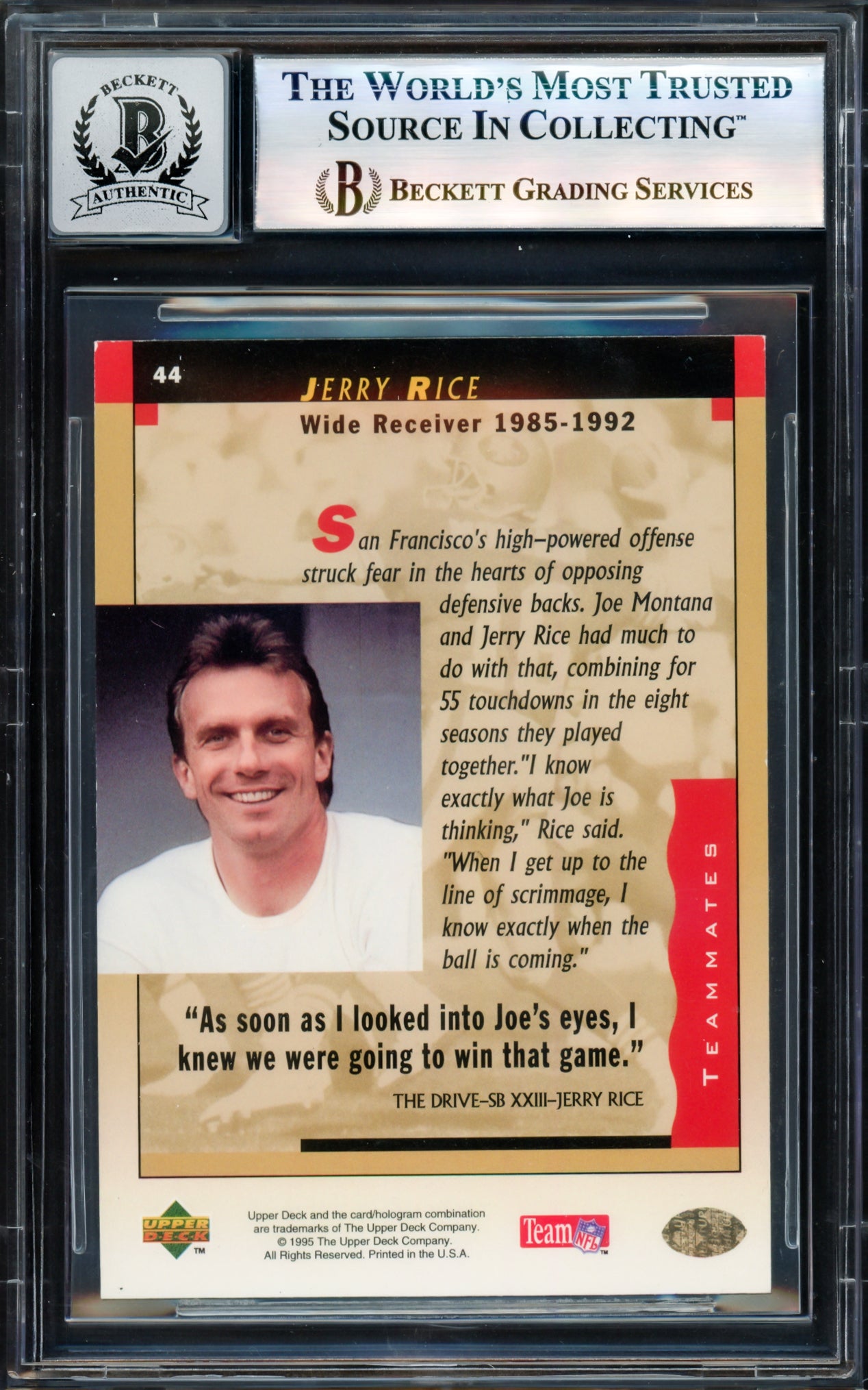 Joe Montana Autographed 1995 Upper Deck Card #44 San Francisco 49ers Auto Grade Gem Mint 10 Beckett BAS #17604296