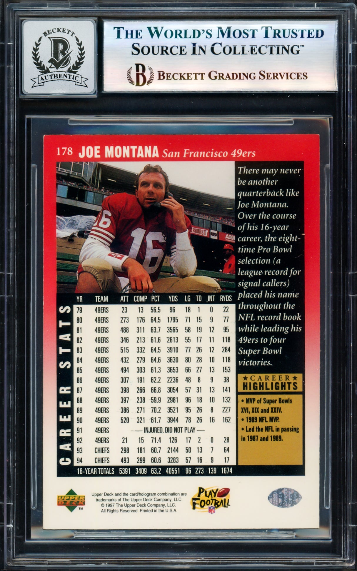 Joe Montana Autographed 1997 Upper Deck Legends Card #178 San Francisco 49ers Auto Grade Gem Mint 10 Beckett BAS #17604314