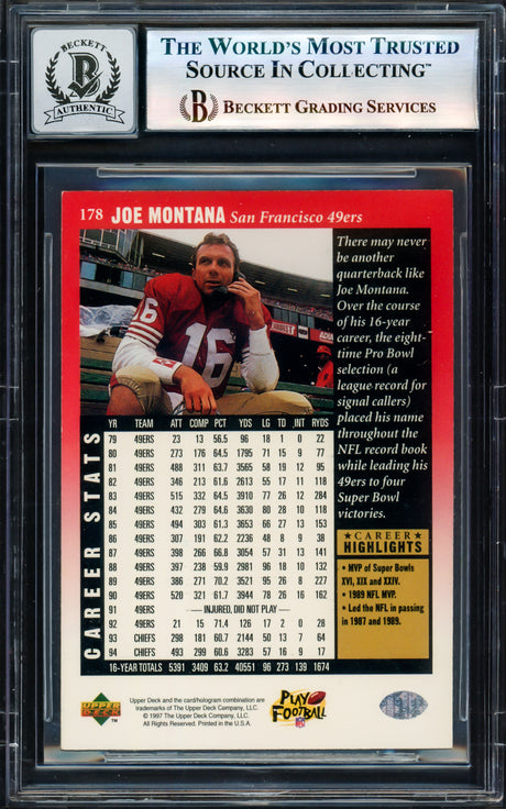 Joe Montana Autographed 1997 Upper Deck Legends Card #178 San Francisco 49ers Auto Grade Gem Mint 10 Beckett BAS #17604314