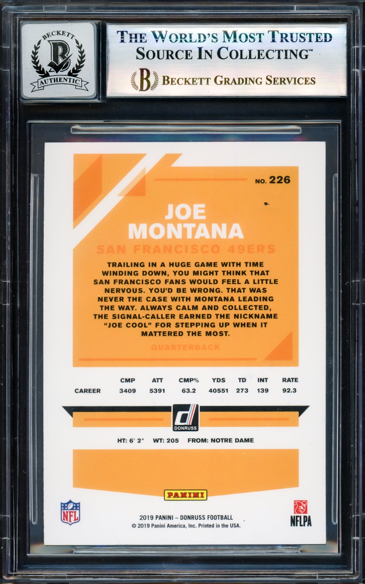 Joe Montana Autographed 2019 Donruss Card #226 San Francisco 49ers Auto Grade Gem Mint 10 Beckett BAS #17604587