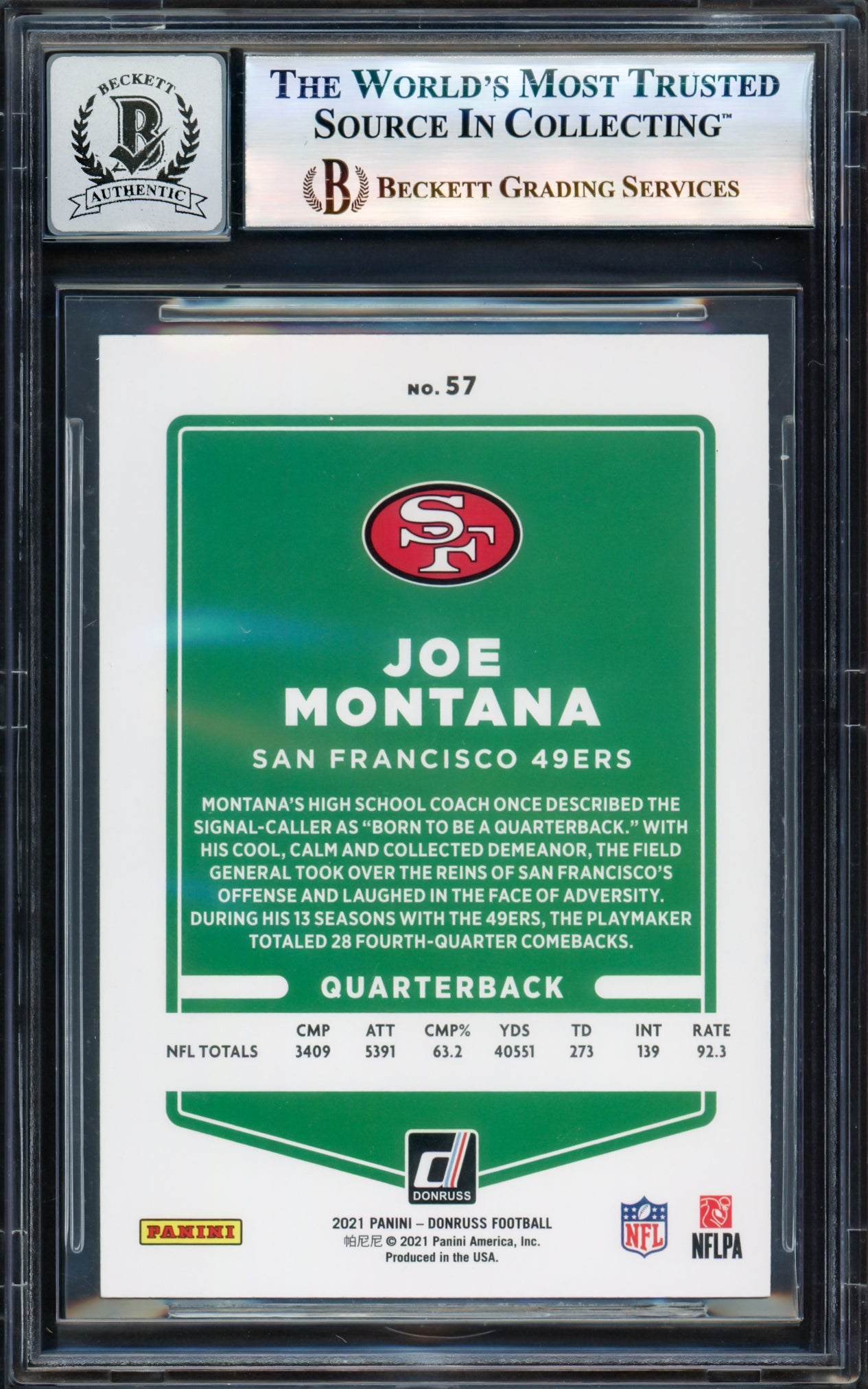 Joe Montana Autographed 2021 Donruss Card #57 San Francisco 49ers Auto Grade Gem Mint 10 Beckett BAS #17604651