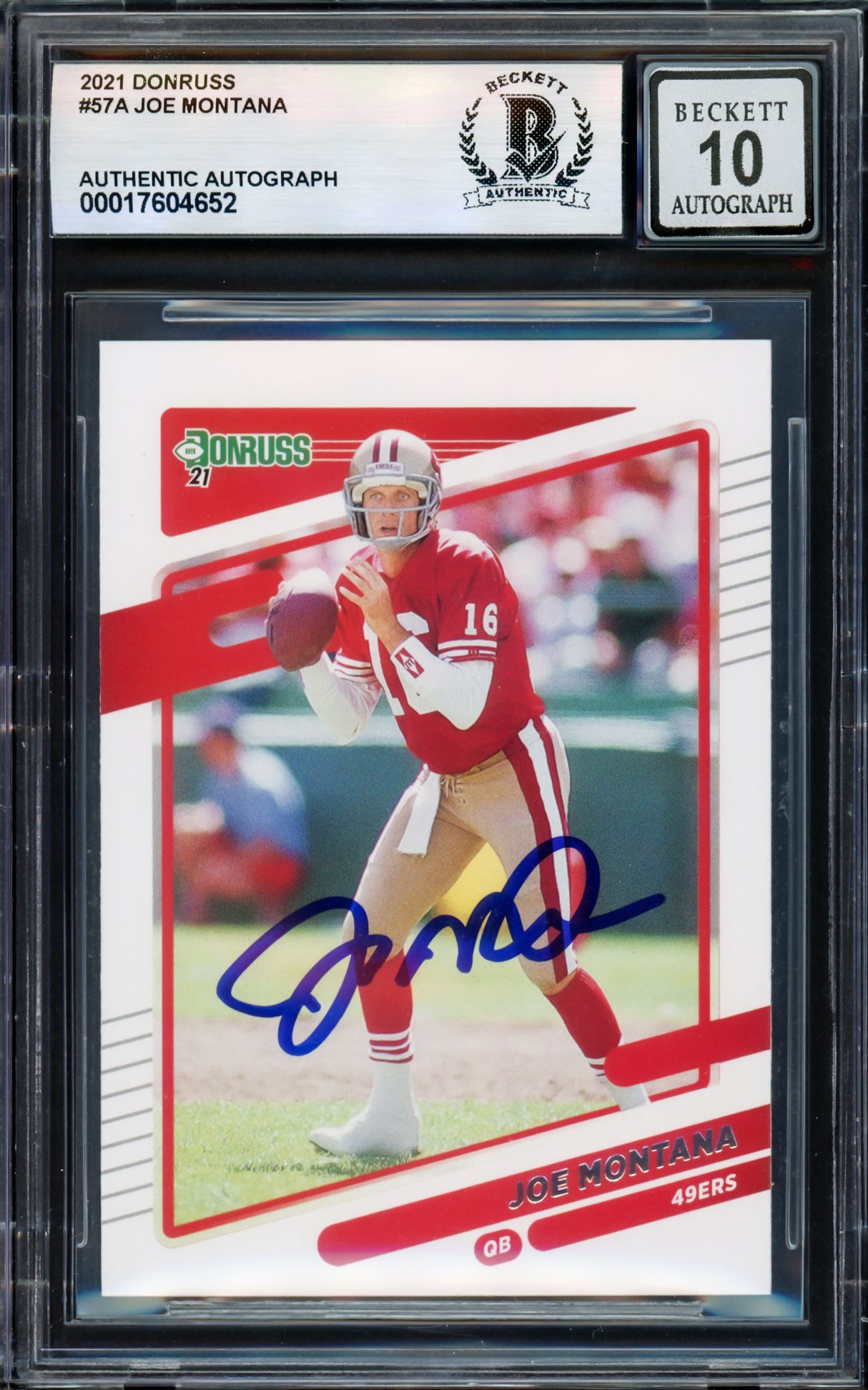 Joe Montana Autographed 2021 Donruss Card #57 San Francisco 49ers Auto Grade Gem Mint 10 Beckett BAS #17604652