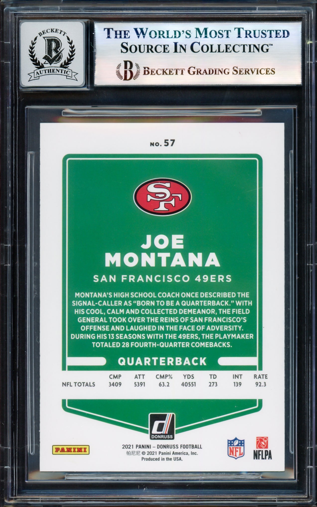 Joe Montana Autographed 2021 Donruss Card #57 San Francisco 49ers Auto Grade Gem Mint 10 Beckett BAS #17604652