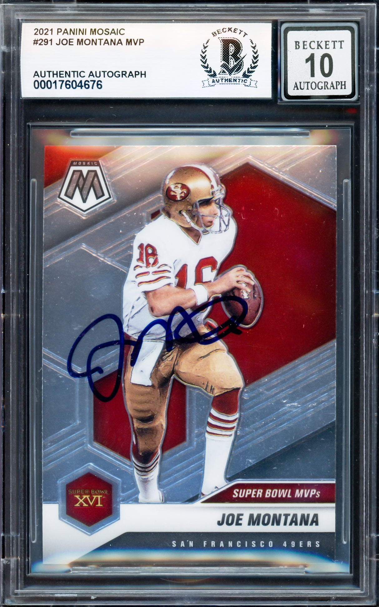 Joe Montana Autographed 2021 Panini Mosaic Card #291 San Francisco 49ers Auto Grade Gem Mint 10 Beckett BAS #17604676
