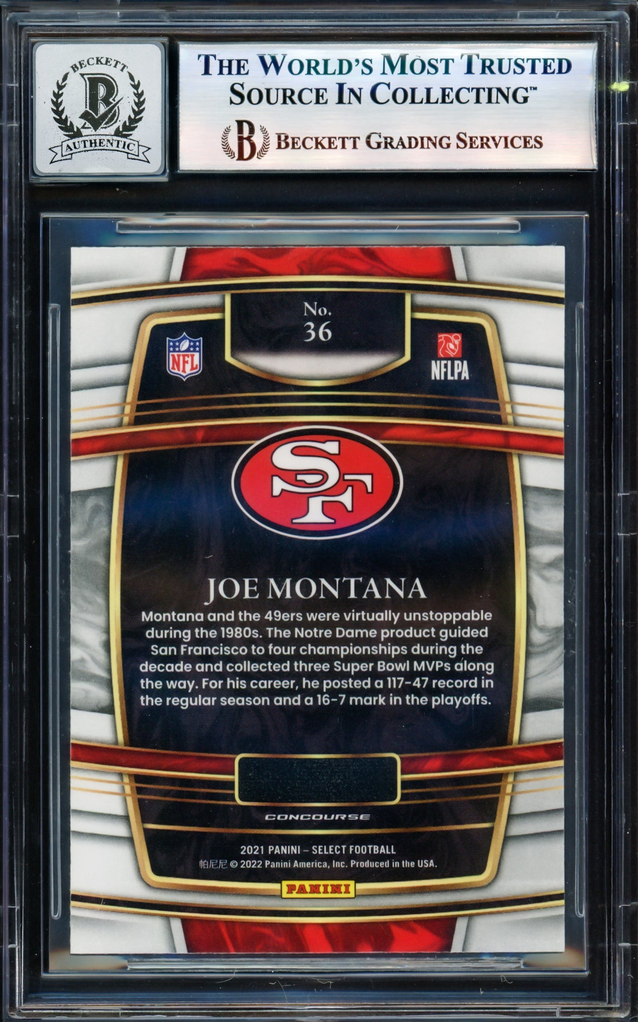 Joe Montana Autographed 2021 Select Card #36 San Francisco 49ers Auto Grade Gem Mint 10 Beckett BAS #17604684