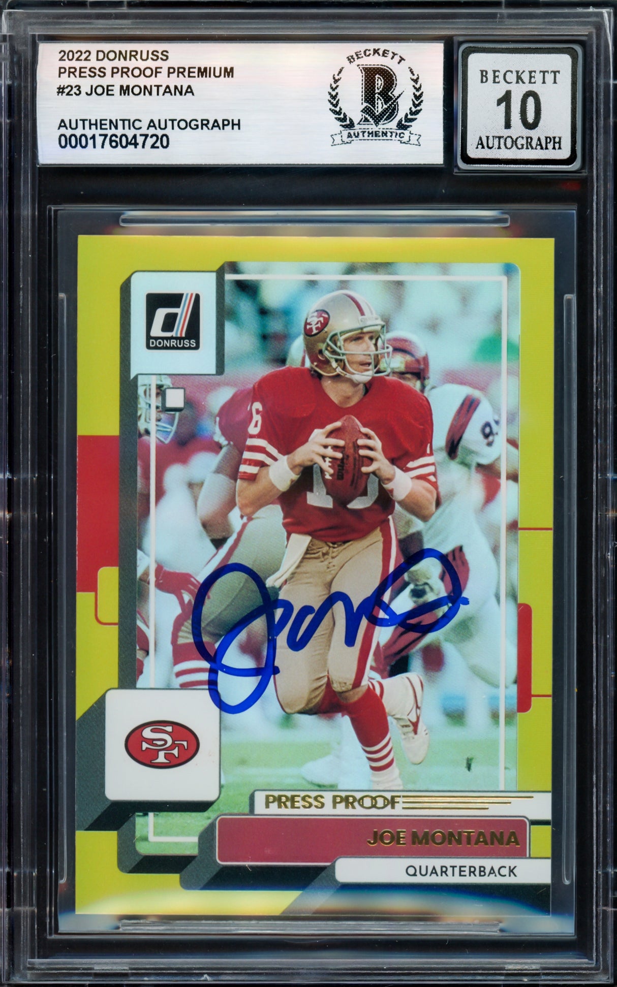 Joe Montana Autographed 2022 Donruss Gold Card #23 San Francisco 49ers Auto Grade Gem Mint 10 Beckett BAS #17604720