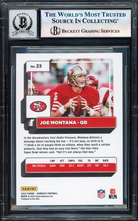 Joe Montana Autographed 2022 Donruss Gold Card #23 San Francisco 49ers Auto Grade Gem Mint 10 Beckett BAS #17604720