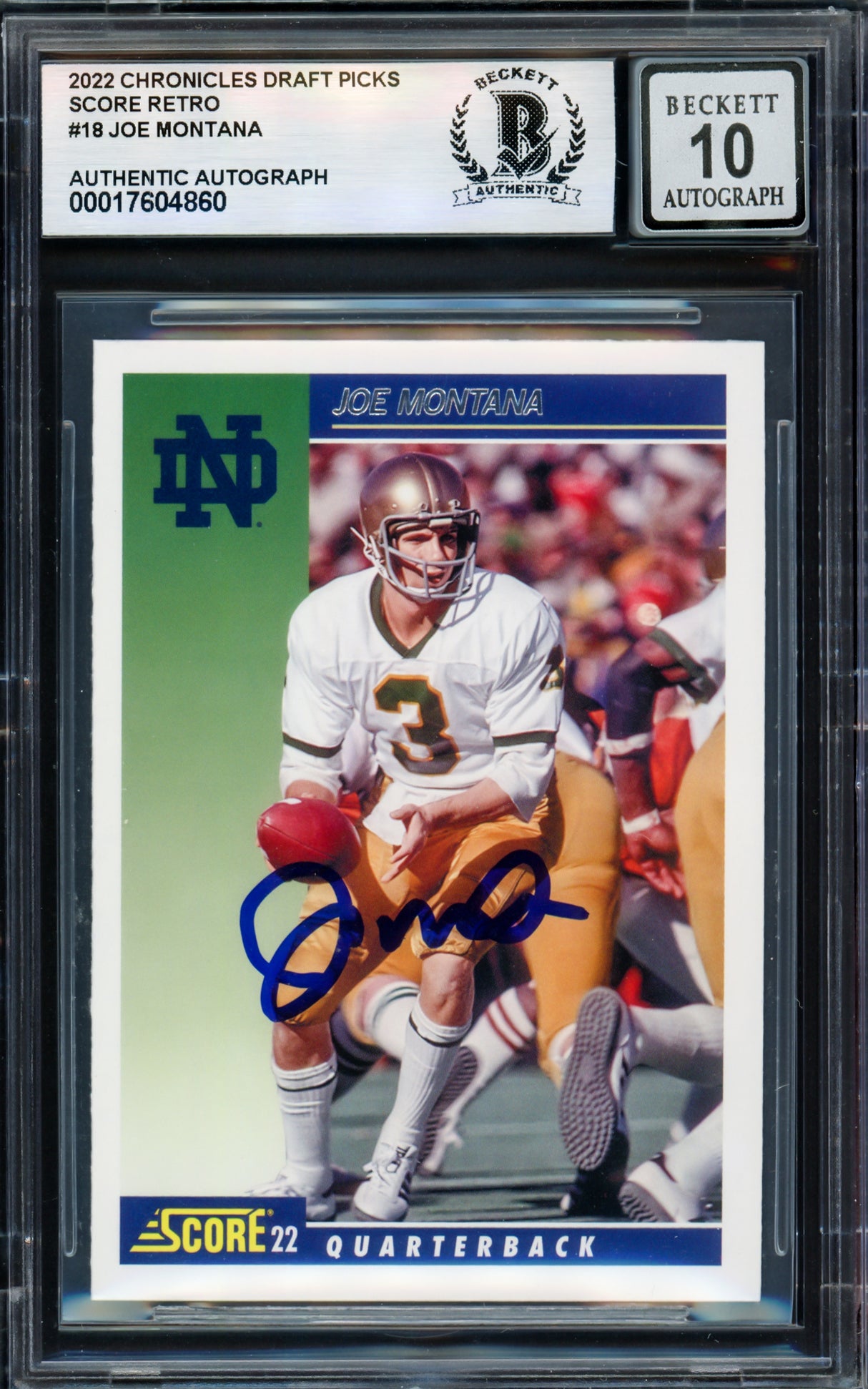 Joe Montana Autographed 2022 Score Card #18 Notre Dame Auto Grade Gem Mint 10 Beckett BAS #17604860