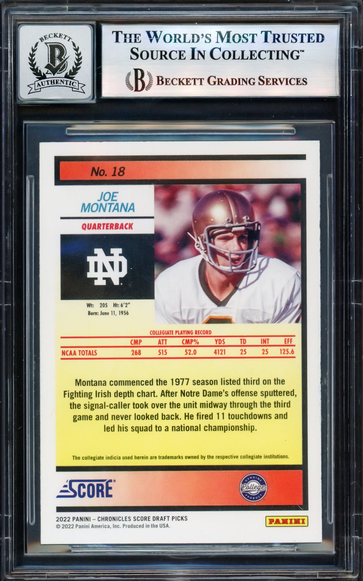 Joe Montana Autographed 2022 Score Card #18 Notre Dame Auto Grade Gem Mint 10 Beckett BAS #17604860