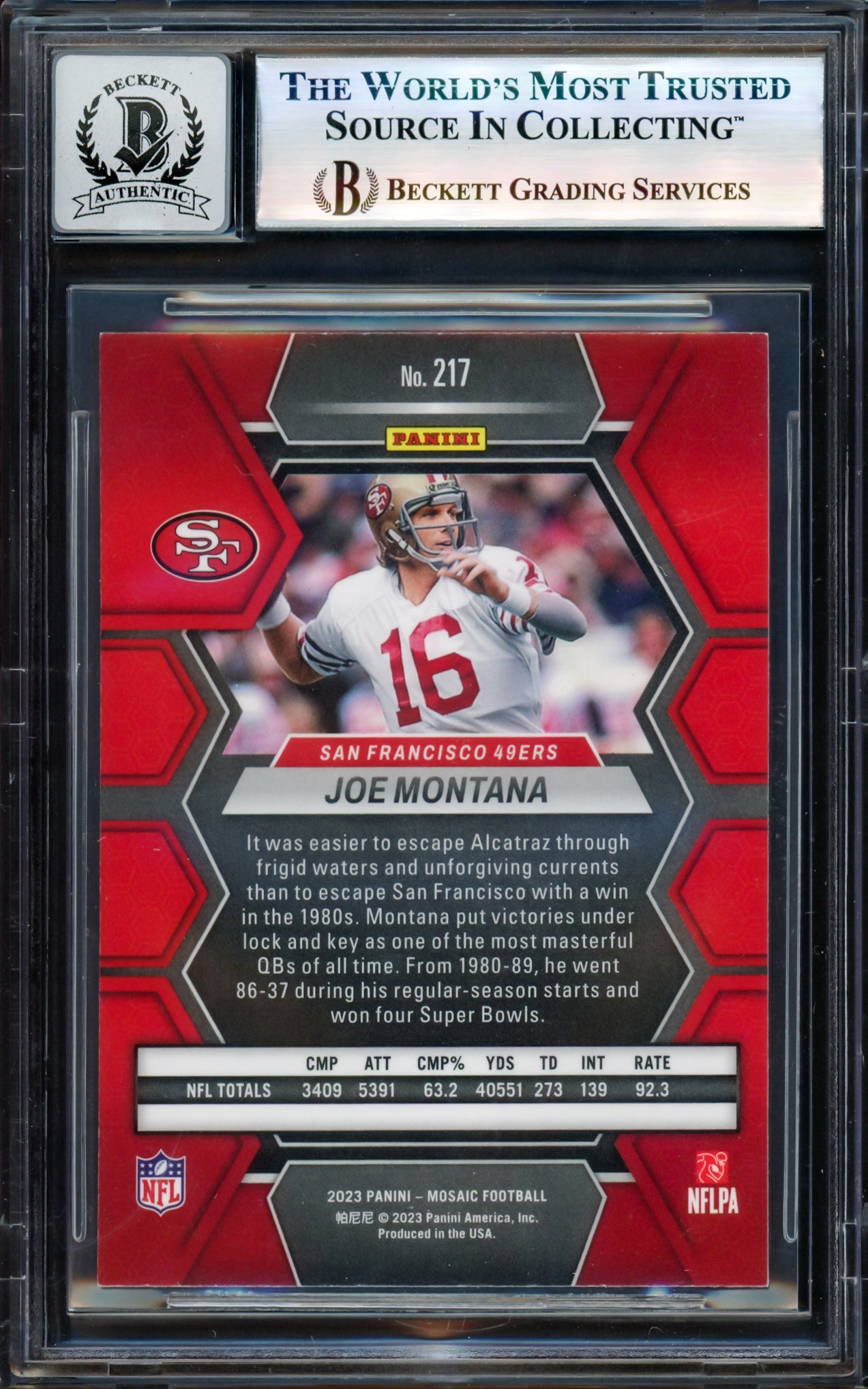 Joe Montana Autographed 2023 Panini Mosaic Card #217 San Francisco 49ers Auto Grade Gem Mint 10 Beckett BAS #17604883
