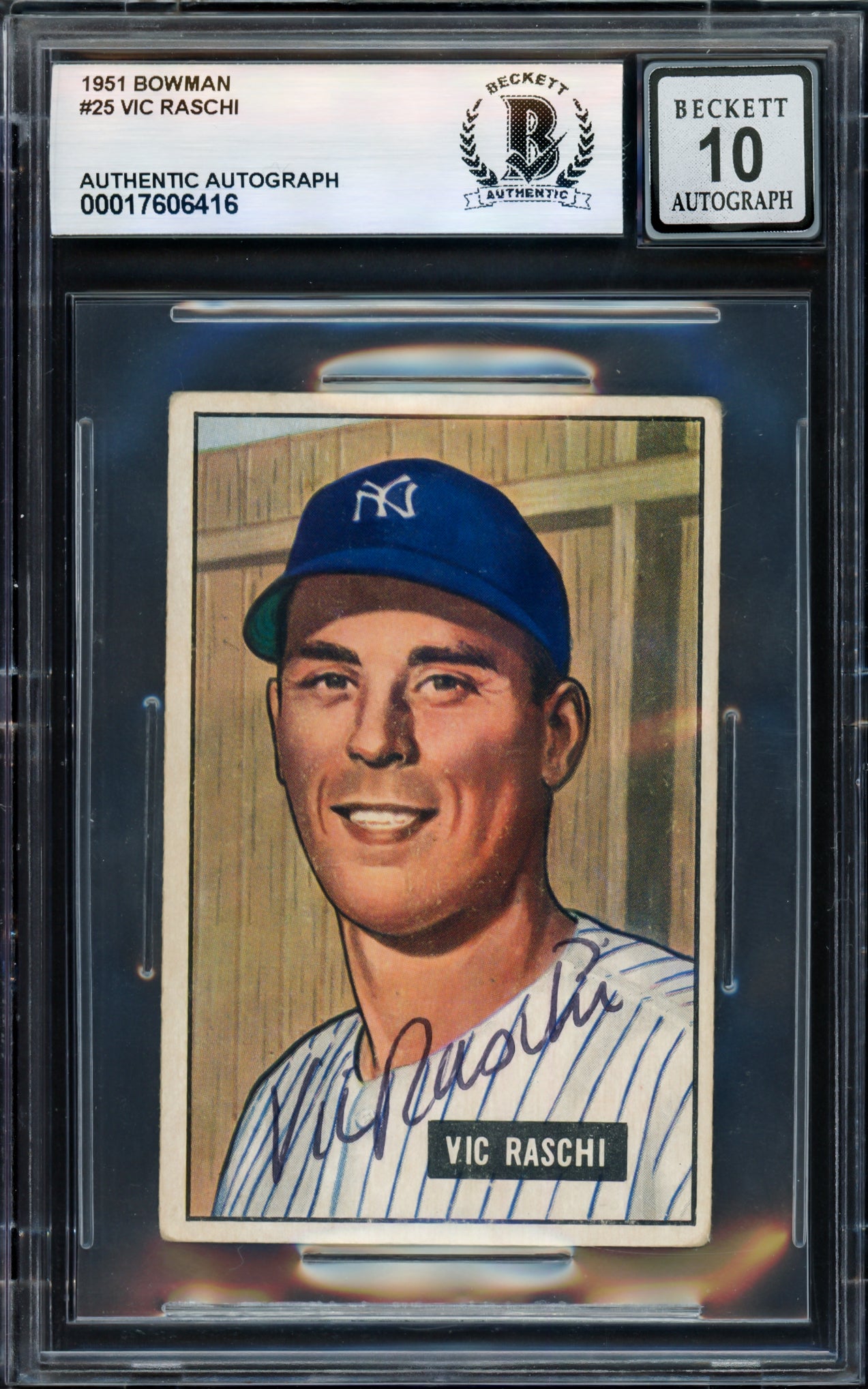 Vic Raschi Autographed 1951 Bowman Rookie Card #25 New York Yankees Auto Grade Gem Mint 10 Beckett BAS #17606416