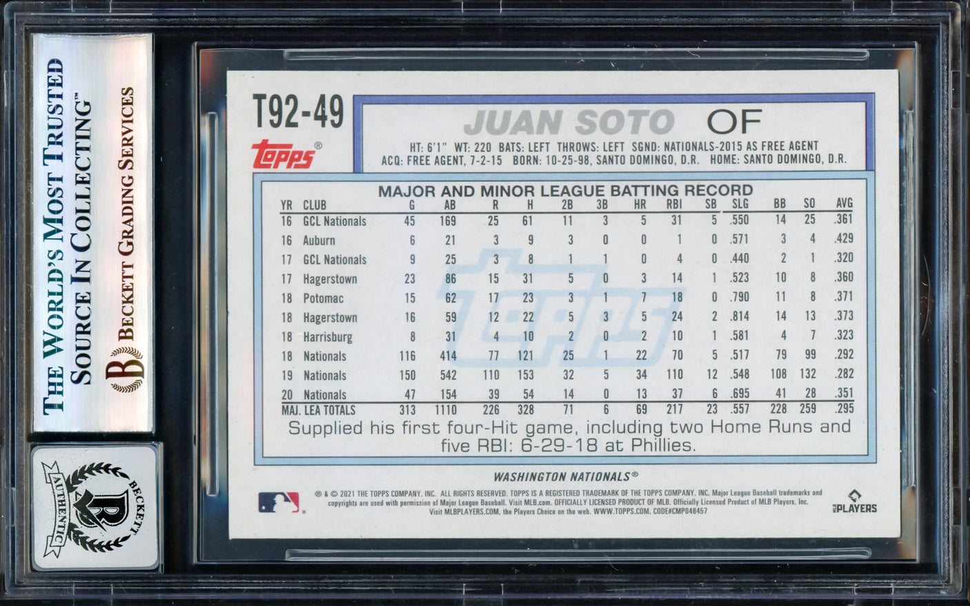 Juan Soto Autographed 2021 Topps Update 1992 Redux Card #T92-49 Washington Nationals Auto Grade Gem Mint 10 Beckett BAS #17604910