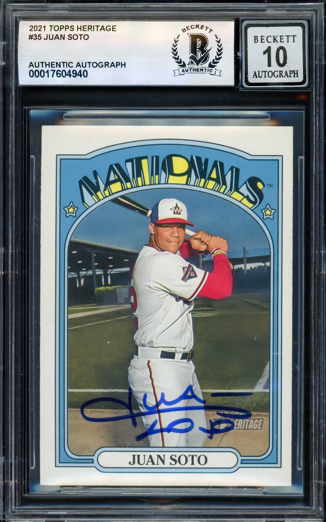 Juan Soto Autographed 2021 Topps Heritage Card #35 Washington Nationals Auto Grade Gem Mint 10 Beckett BAS #17604940