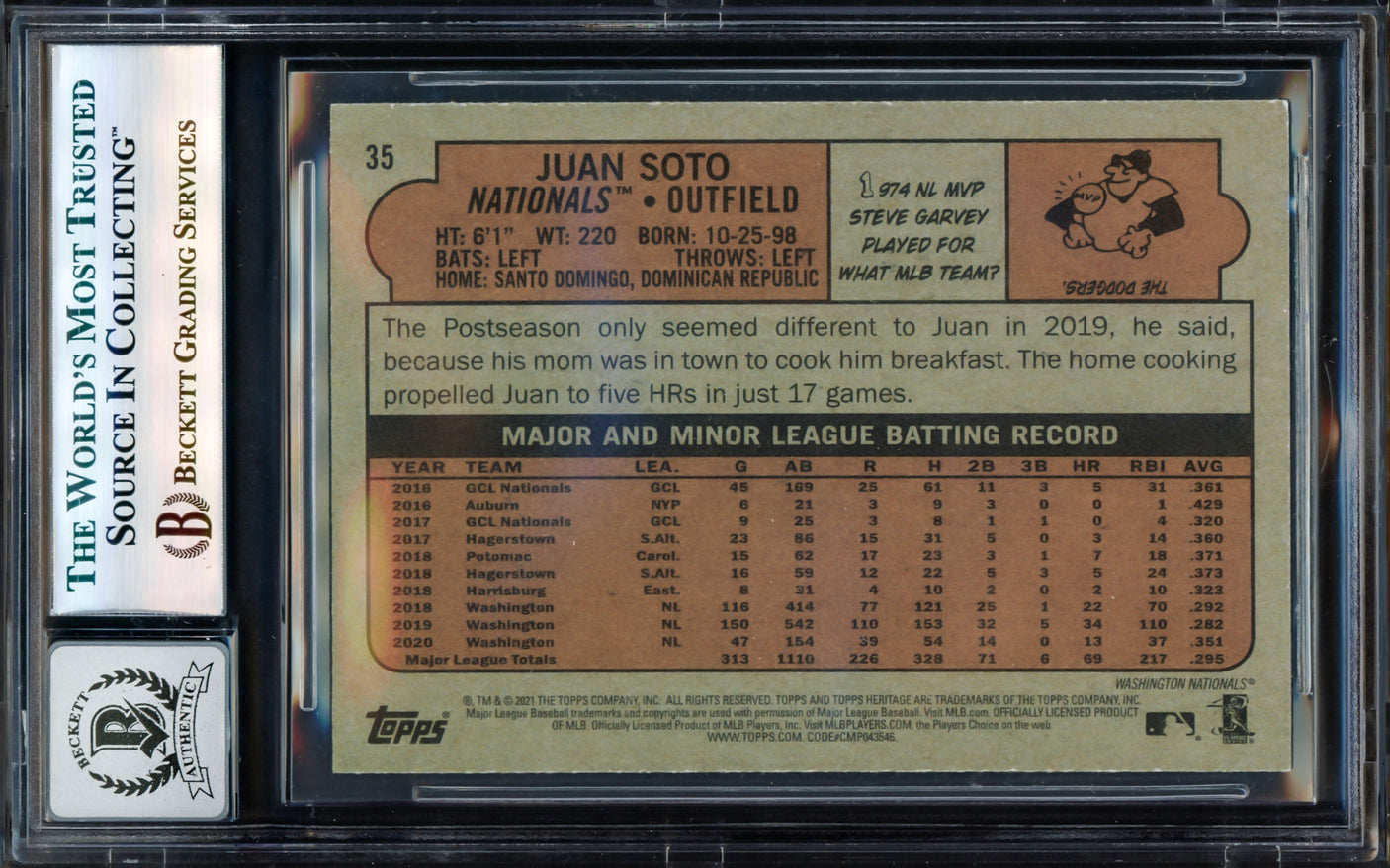 Juan Soto Autographed 2021 Topps Heritage Card #35 Washington Nationals Auto Grade Gem Mint 10 Beckett BAS #17604940