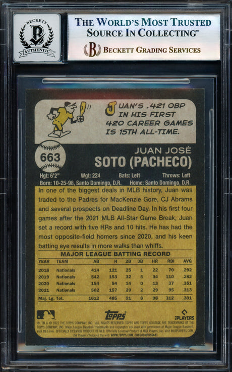 Juan Soto Autographed 2023 Topps Heritage Card #663 San Diego Padres Auto Grade Gem Mint 10 Beckett BAS #17604975