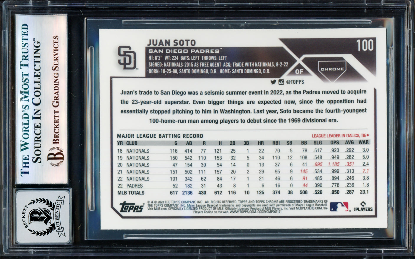 Juan Soto Autographed 2023 Topps Chrome Card #100 San Diego Padres Auto Grade Gem Mint 10 Beckett BAS #17604026
