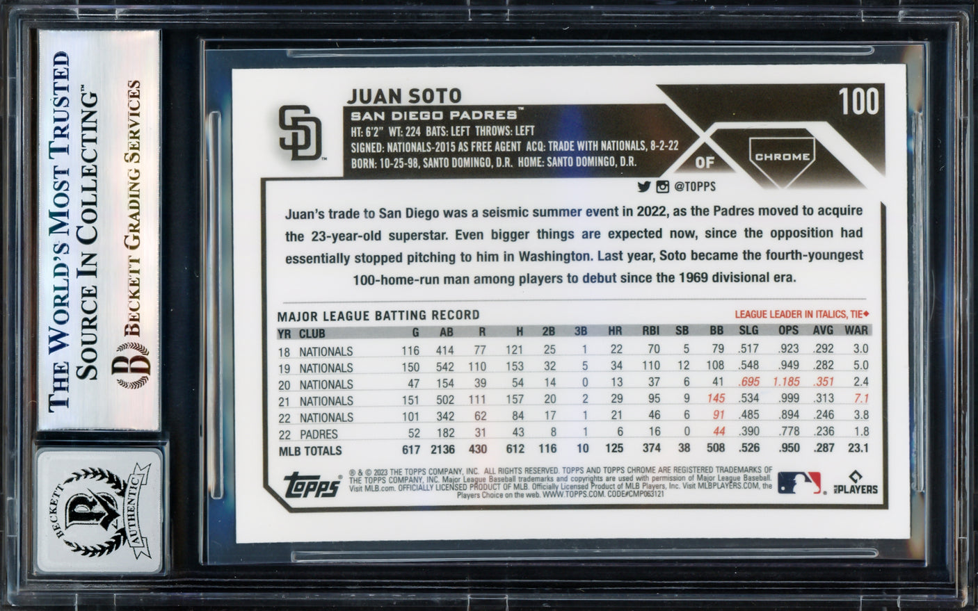 Juan Soto Autographed 2023 Topps Chrome Sepia Refractor Card #100 San Diego Padres Auto Grade Gem Mint 10 Beckett BAS #17605033
