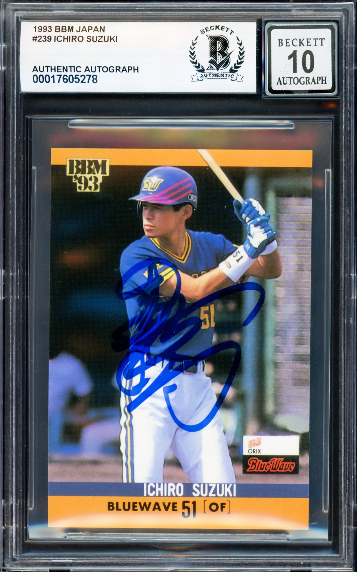 Ichiro Suzuki Autographed 1993 BBM Rookie Card #239 Orix Blue Wave Auto Grade Gem Mint 10 (Signed in Kanji) Beckett BAS #17605278