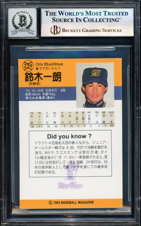 Ichiro Suzuki Autographed 1993 BBM Rookie Card #239 Orix Blue Wave Auto Grade Gem Mint 10 (Signed in Kanji) Beckett BAS #17605278