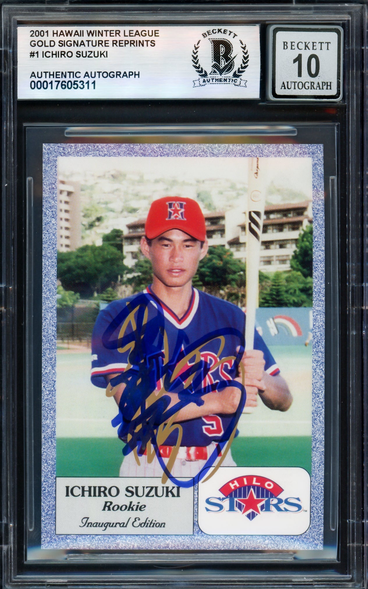 Ichiro Suzuki Autographed 2001 1993 Hilo Stars Gold Sig Reproduction Card #1 Hilo Stars Auto Grade Gem Mint 10 (Signed in Kanji) Beckett BAS #17605311
