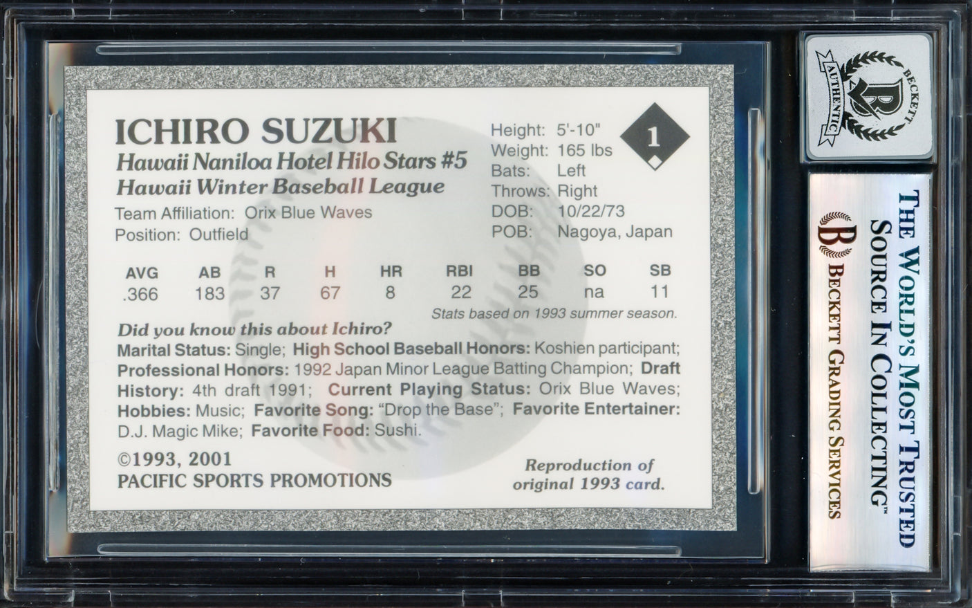 Ichiro Suzuki Autographed 2001 1993 Hilo Stars Gold Sig Reproduction Card #1 Hilo Stars Auto Grade Gem Mint 10 (Signed in Kanji) Beckett BAS #17605311