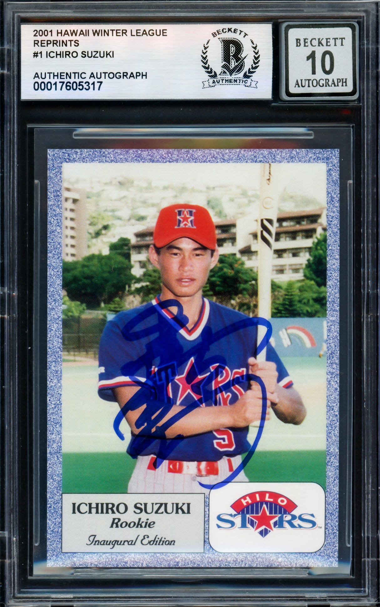 Ichiro Suzuki Autographed 2001 1993 Hilo Stars Reproduction Card #1 Hilo Stars Auto Grade Gem Mint 10 (Signed in Kanji) Beckett BAS #17605317