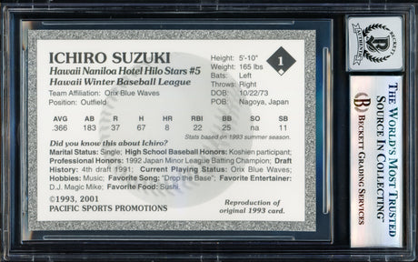 Ichiro Suzuki Autographed 2001 1993 Hilo Stars Reproduction Card #1 Hilo Stars Auto Grade Gem Mint 10 (Signed in Kanji) Beckett BAS #17605317
