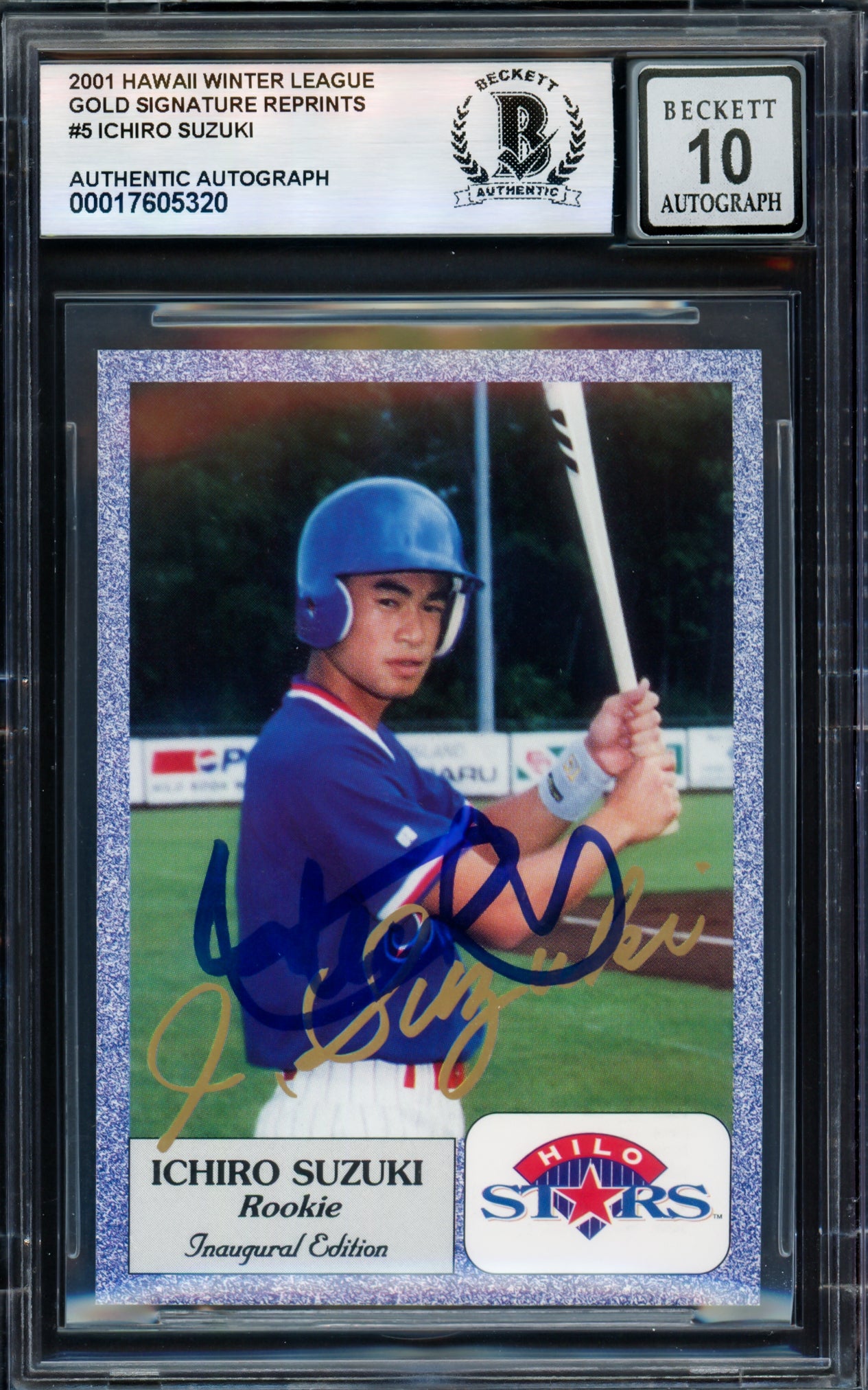 Ichiro Suzuki Autographed 2001 1993 Hilo Stars Gold Sig Reproduction Card #5 Hilo Stars Auto Grade Gem Mint 10 (Signed in Kanji) Beckett BAS #17605320