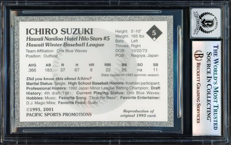 Ichiro Suzuki Autographed 2001 1993 Hilo Stars Gold Sig Reproduction Card #5 Hilo Stars Auto Grade Gem Mint 10 (Signed in Kanji) Beckett BAS #17605320
