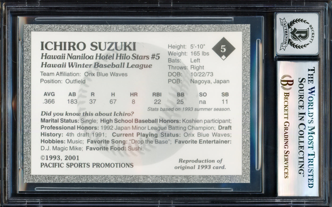 Ichiro Suzuki Autographed 2001 1993 Hilo Stars Reproduction Card #5 Hilo Stars Auto Grade Gem Mint 10 (Signed in Kanji) Beckett BAS #17605323