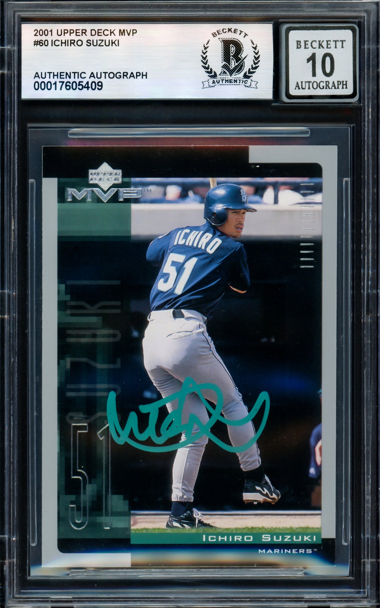 Ichiro Suzuki Autographed 2001 Upper Deck MVP Rookie Card #60 Seattle Mariners Auto Grade Gem Mint 10 Beckett BAS #17605409