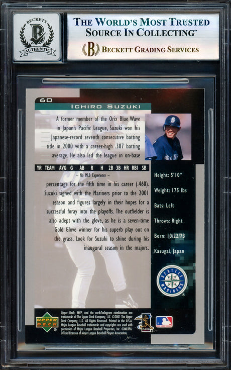 Ichiro Suzuki Autographed 2001 Upper Deck MVP Rookie Card #60 Seattle Mariners Auto Grade Gem Mint 10 Beckett BAS #17605410