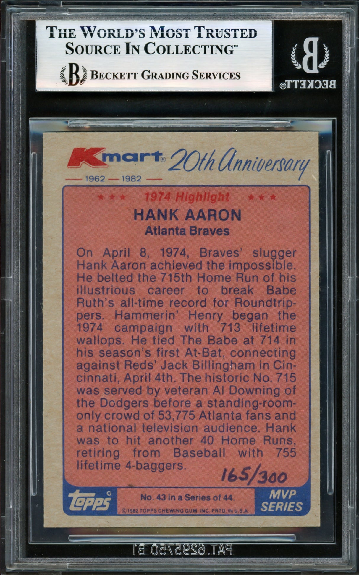 Hank Aaron Autographed 1982 Topps K-Mart Card #43 Atlanta Braves Beckett BAS #17605649