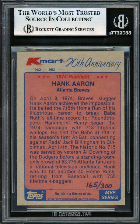 Hank Aaron Autographed 1982 Topps K-Mart Card #43 Atlanta Braves Beckett BAS #17605649