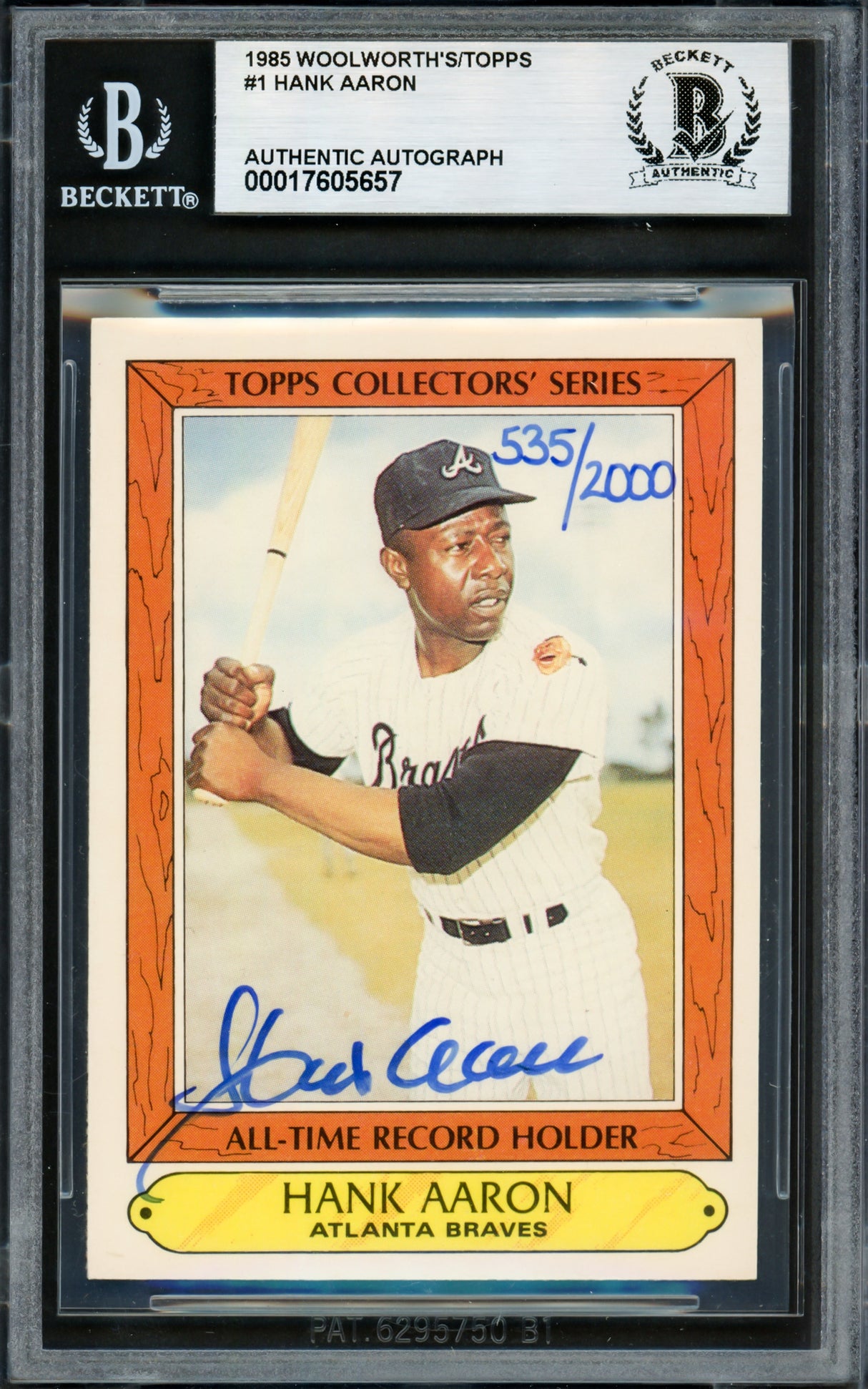 Hank Aaron Autographed 1985 Topps Woolworth's Card #1 Atlanta Braves #535/2000 Beckett BAS #17605657