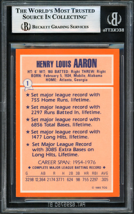 Hank Aaron Autographed 1985 Topps Woolworth's Card #1 Atlanta Braves #535/2000 Beckett BAS #17605657