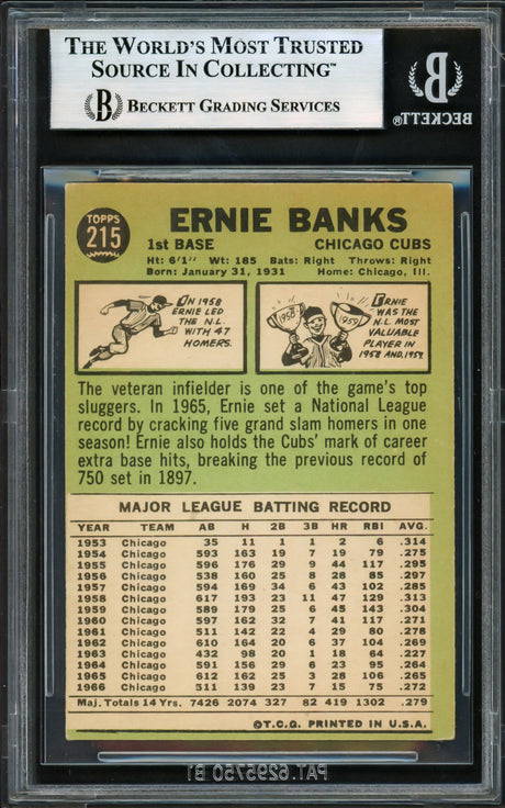 Ernie Banks Autographed 1967 Topps Card #215 Chicago Cubs Beckett BAS #17605676
