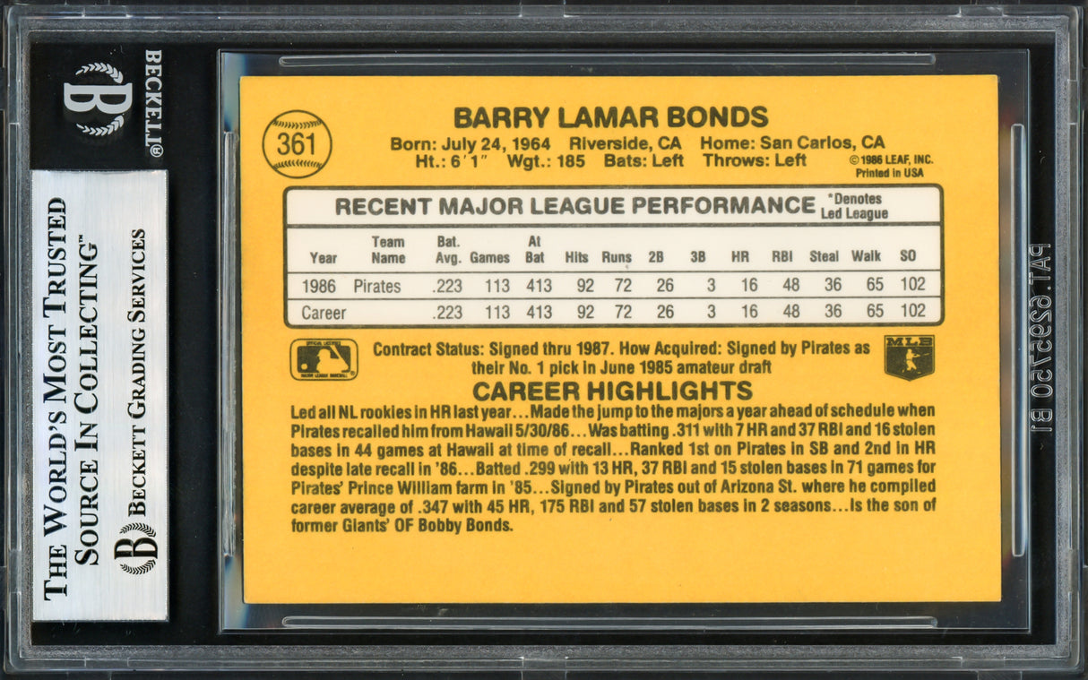Barry Bonds Autographed 1987 Donruss Rookie Card #361 Pittsburgh Pirates Beckett BAS #17605678
