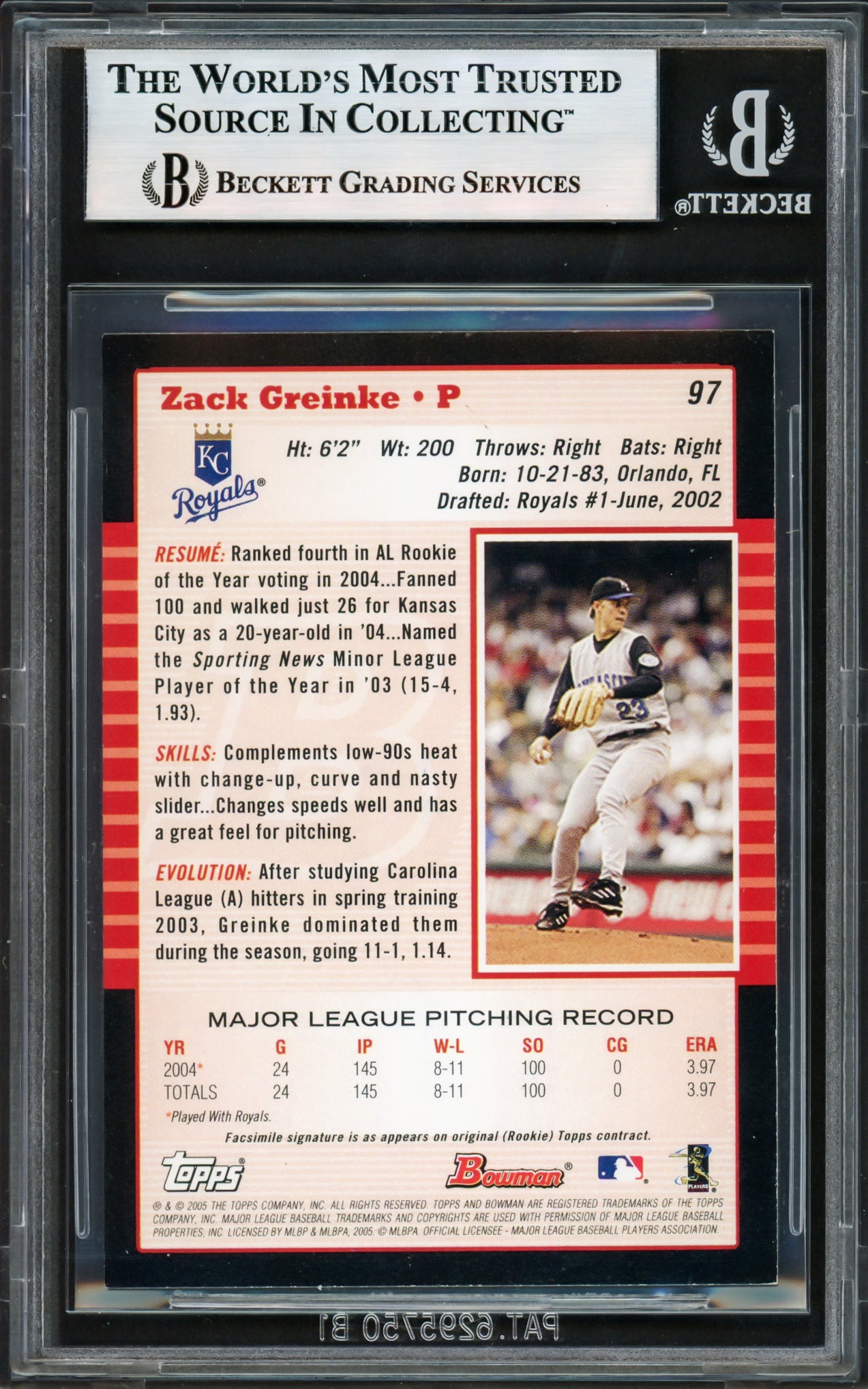 Zack Greinke Autographed 2005 Bowman Rookie Card #97 Kansas City Royals Beckett BAS #17605797