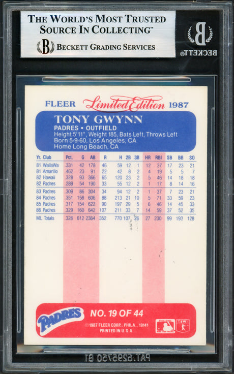 Tony Gwynn Autographed 1987 Fleer Limited Edition Card #19 San Diego Padres Beckett BAS #17605842