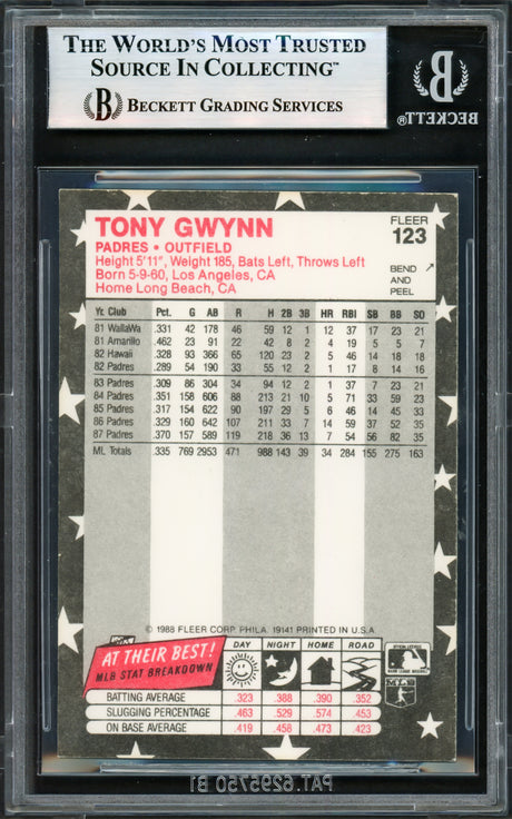 Tony Gwynn Autographed 1988 Fleer Star Stickers Card #123 San Diego Padres Beckett BAS #17605853